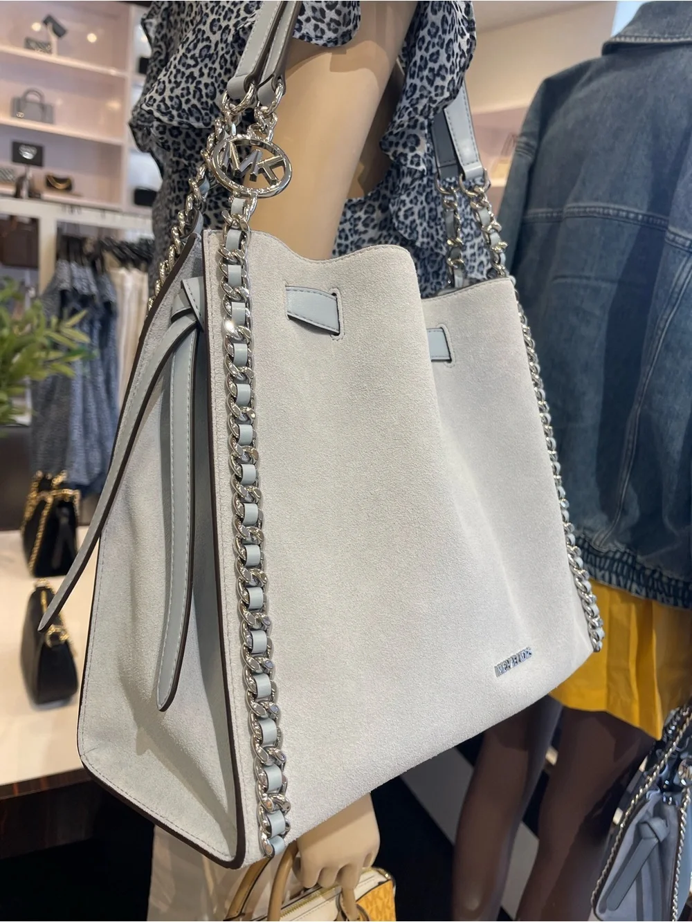 Michael Kors Mina Large Suede Chain Shoulder Bag Pale Ocean Blue Leather NWT - Picture 16 of 16